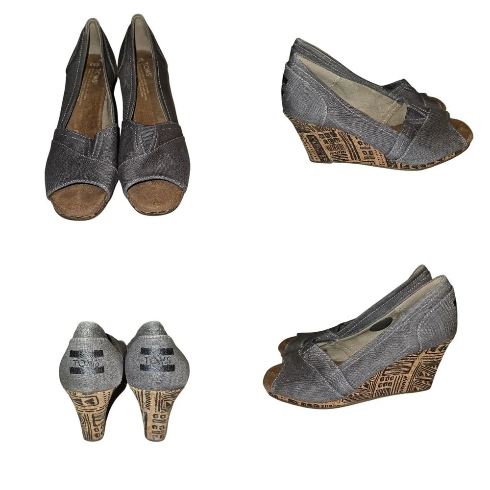 TOMS Classic Peeptoe Wedge Dark Grey Shoes Geomtric Pattern Women’s size 6.5